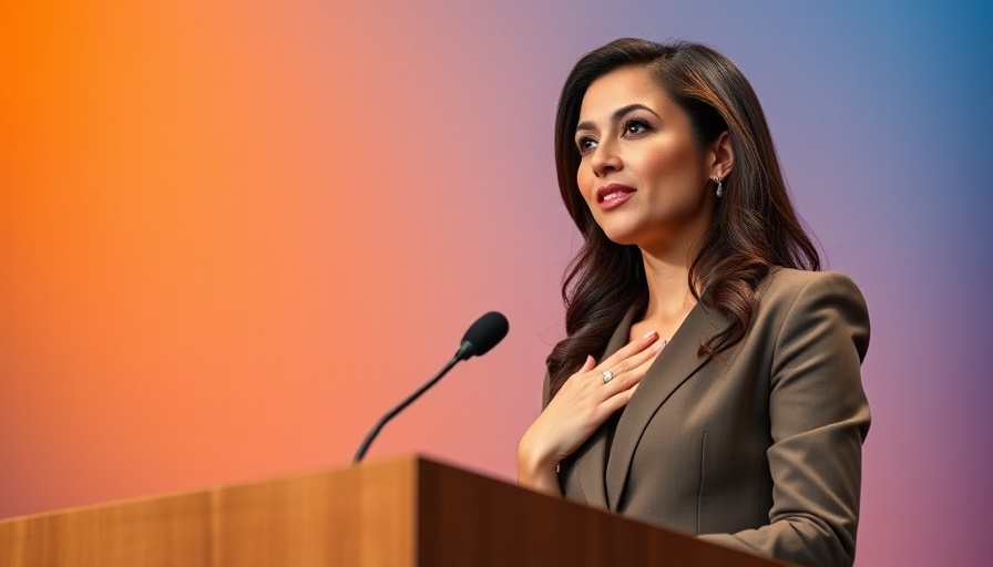 Confident woman at podium, hand on heart, orange-blue background.