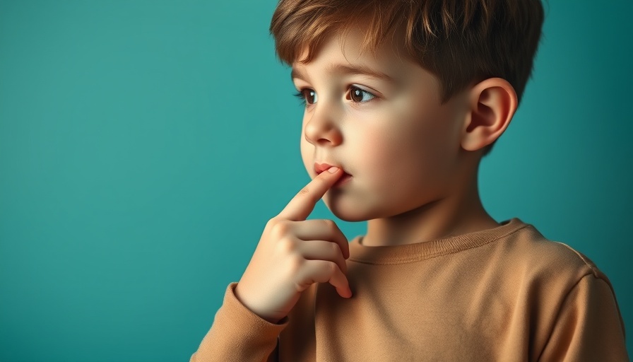 Young boy thoughtfully touching his throat against a teal background.