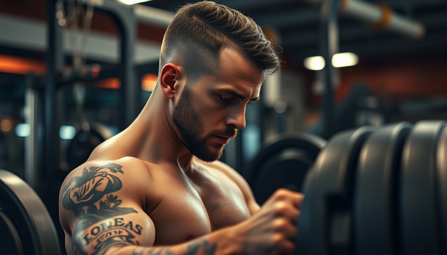 Focused man in gym promotes fitness and mental health advocacy.