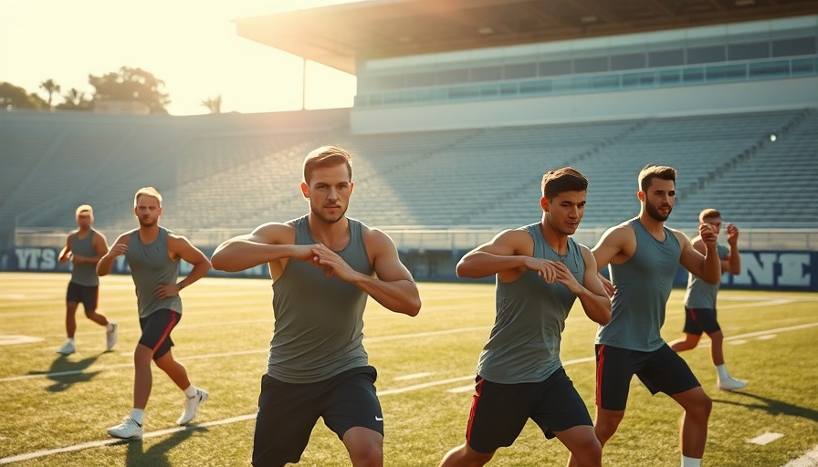 Athletes perform NFL-approved warmup on a sunlit football field.