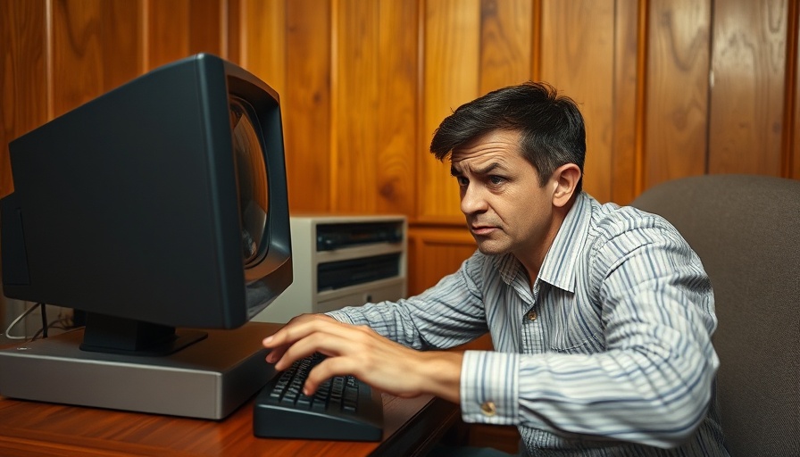Retro person frustrated with tech annoyances at old computer.