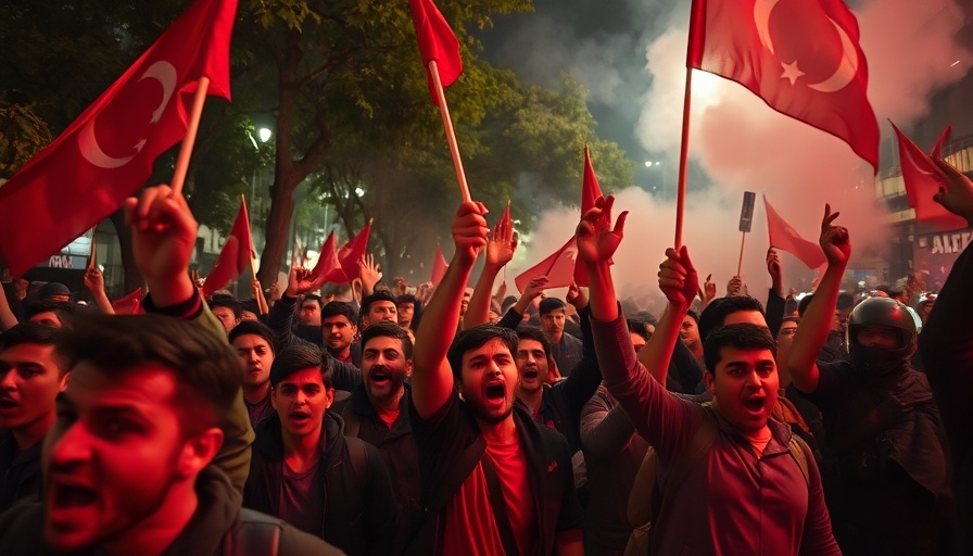 Protesters in Istanbul during nighttime demonstration with smoke and flags.