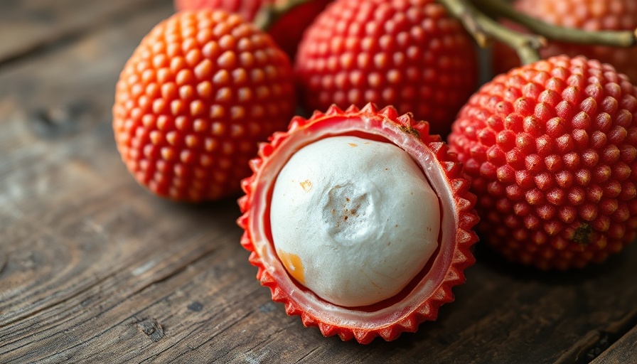 Close-up of lychee fruit showing seed on rustic surface