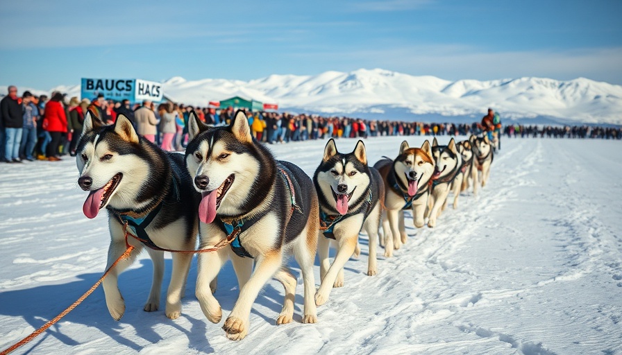Huskies pulling sled on snowy field with crowd during daylight.