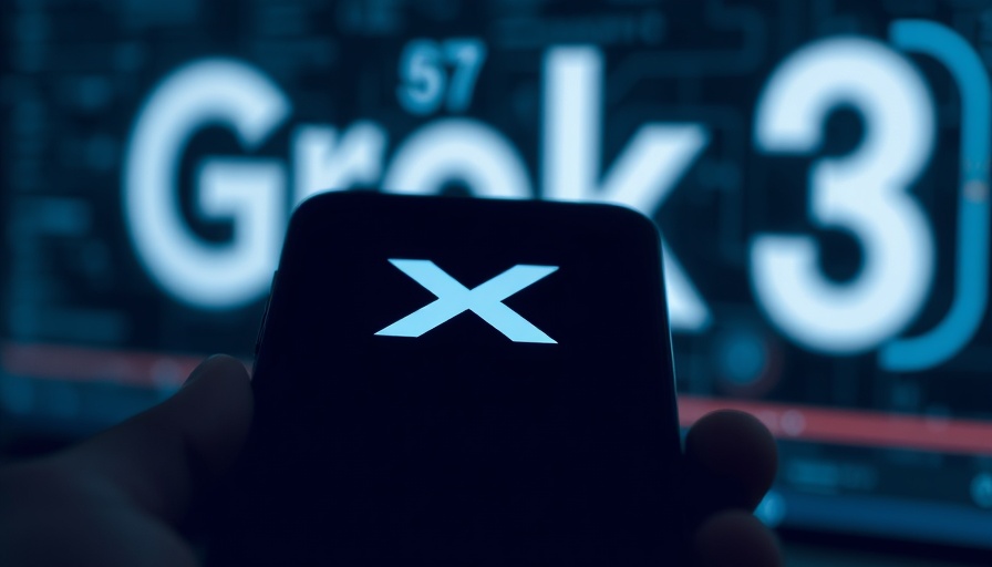 Smartphone with 'X' logo in front of 'Grok 3' sign, dark ambiance.