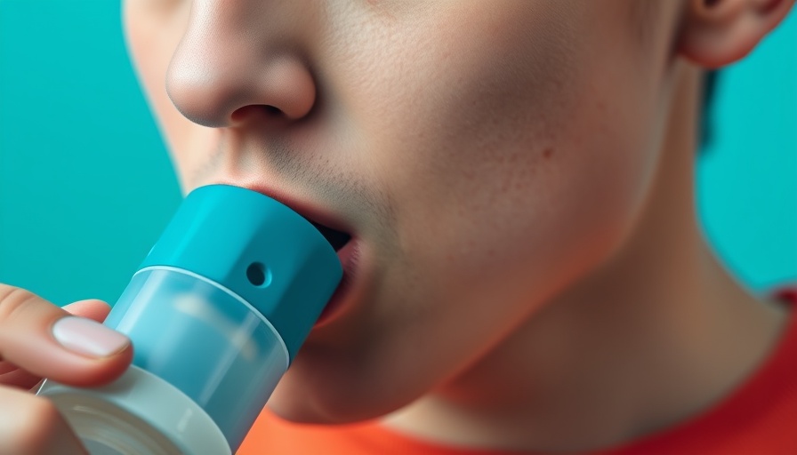 Person using inhaler with teal background, relating to processed meat and lung function.