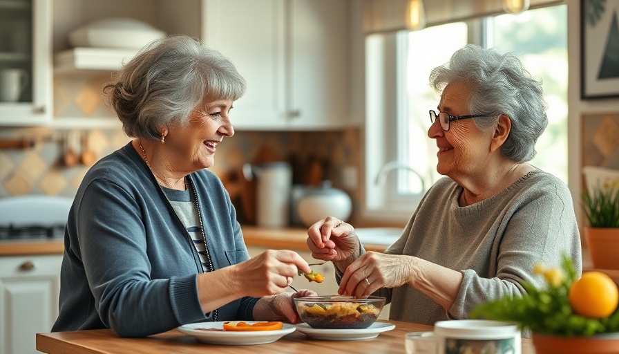 Elderly woman receives meal aid from caregiver, cozy kitchen.