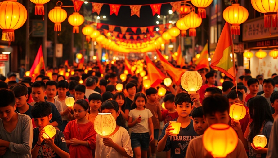 Glow in the Park Suwanee night parade with colorful lanterns and flags