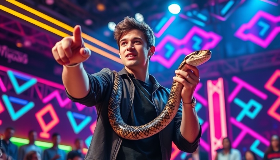 Dynamic young presenter with snake exploring, vibrant stage.