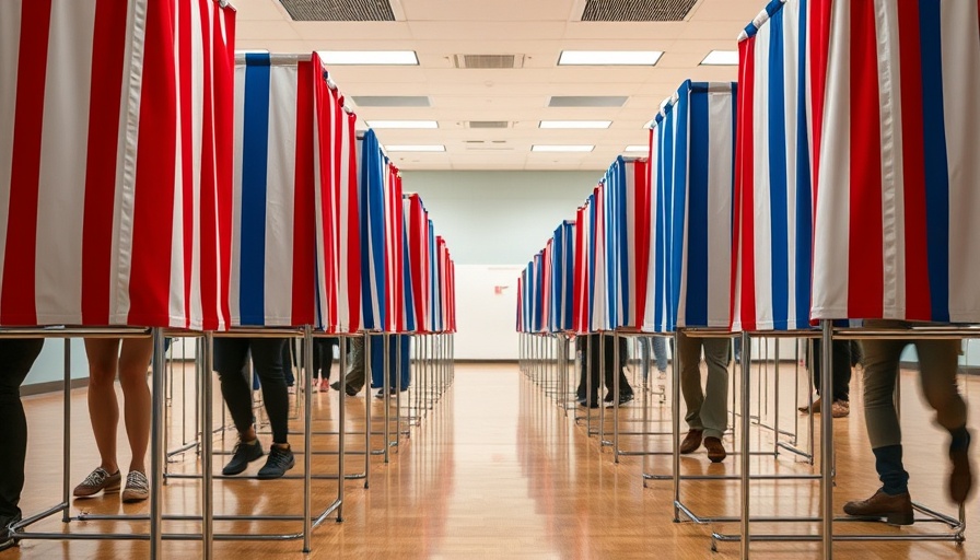 Voters in booths with striped curtains related to Trump voting executive order lawsuit.