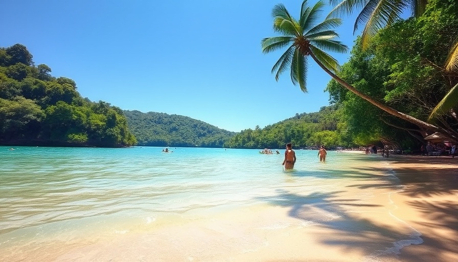 Lush tropical beach with people relaxing, promoting health and fitness habits for longevity.