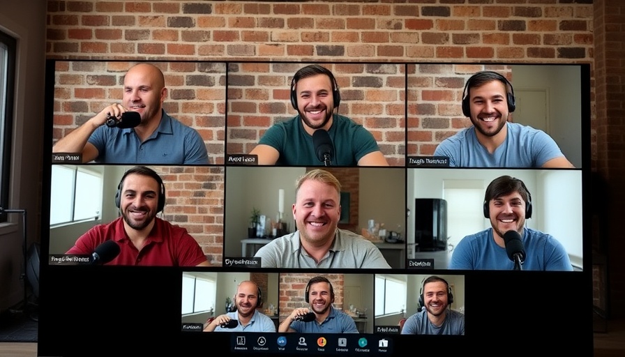Bodybuilding legends in a group podcast, smiling and discussing experiences.