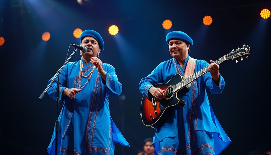 Musicians in blue performing on stage; Amadou Bagayoko dies.