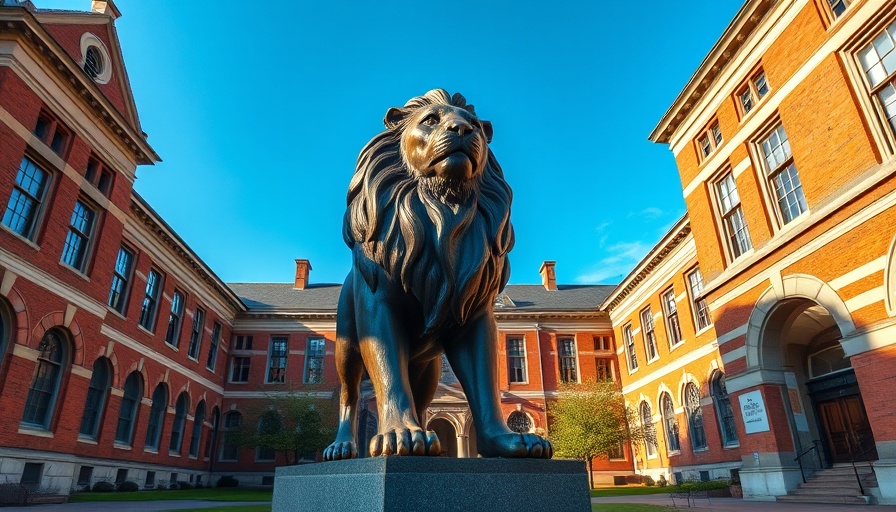Lion statue in university courtyard representing pride and history.