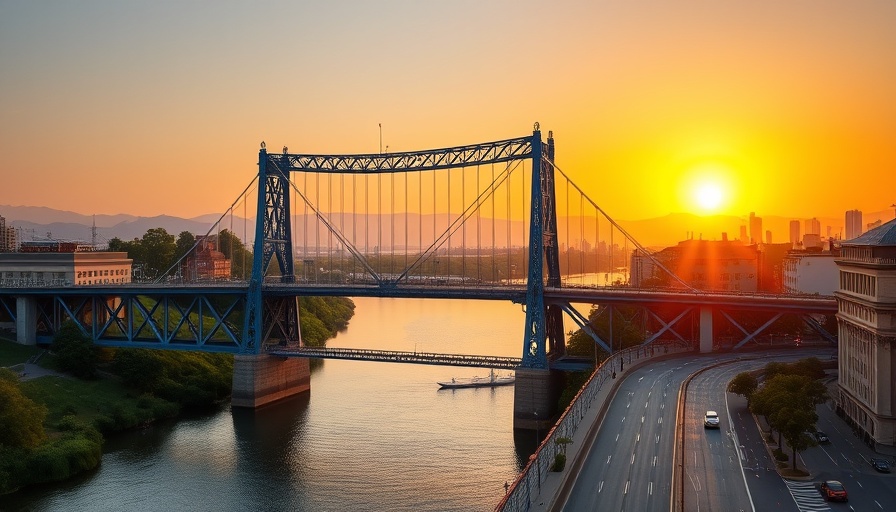 Chattanooga National Park City bridge at sunset with mountain backdrop.