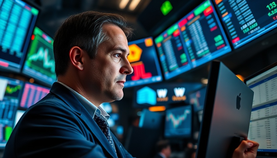 Stock trader analyzing data on multiple screens in trading room.