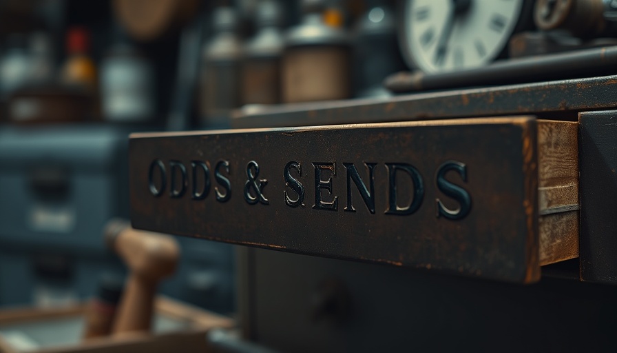 Close-up of vintage drawer labeled 'ODDS & ENDS' in a workshop.