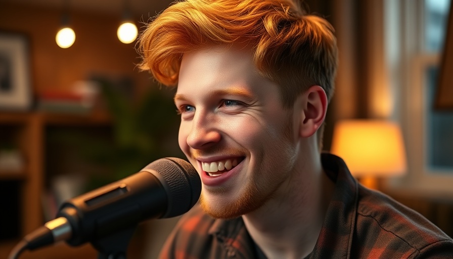 Man smiling during podcast recording, men's workout routines studio background.