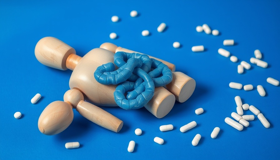 Wooden mannequin showing intestines surrounded by probiotics pills on blue background.