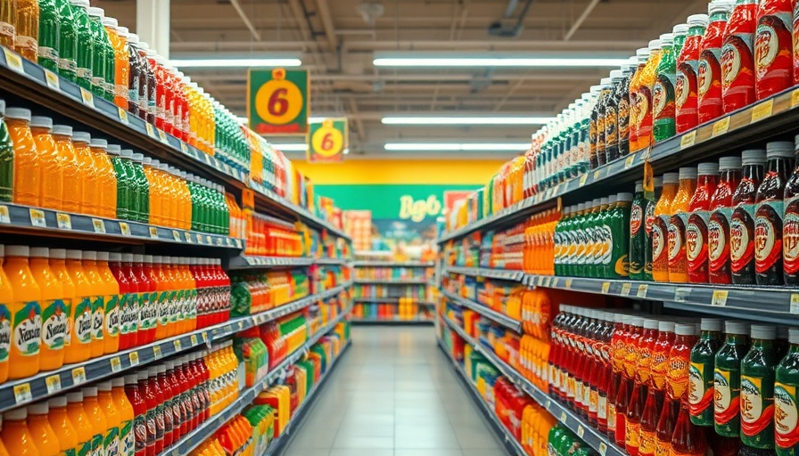 Colorful beverage aisle showcasing healthy grocery choices.