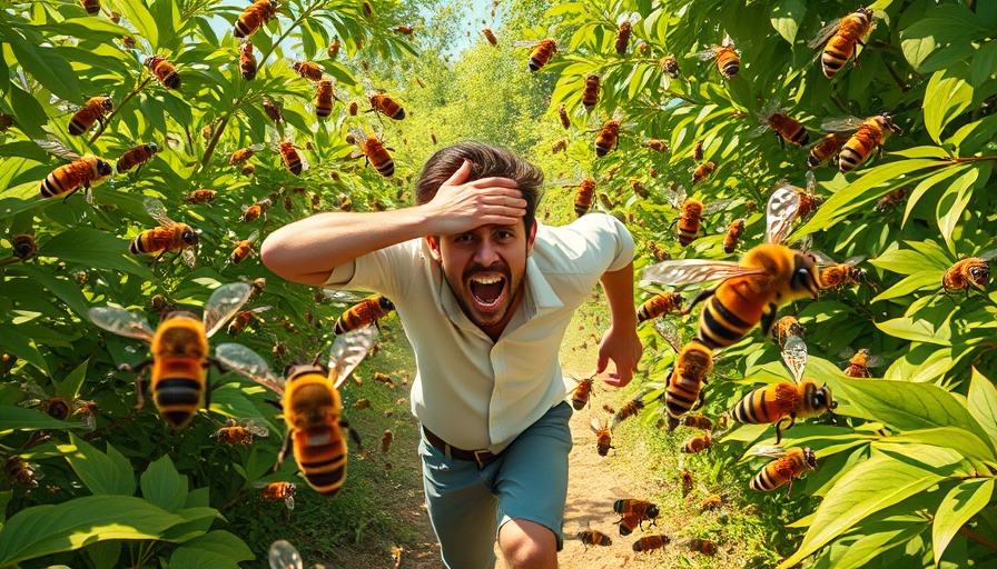 Cartoon man escaping from swarm of killer bees in a forest.