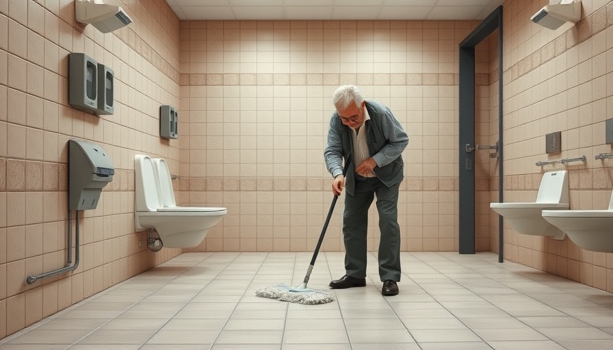 Elderly janitor mopping restroom floor in public bathroom.