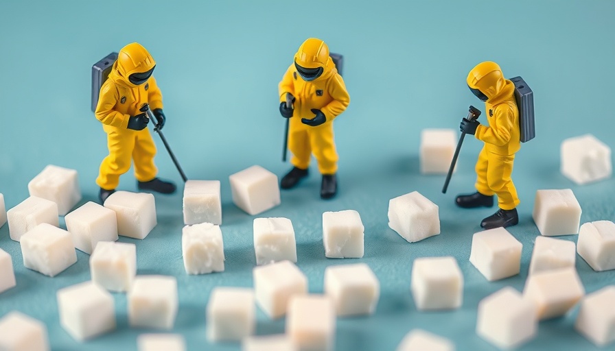 Miniature figures in hazmat suits inspect sugar cubes, hidden diabetes crisis in West Chicago.