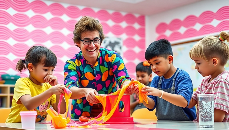 Instructor leads Atlanta slime classes for kids in colorful classroom.