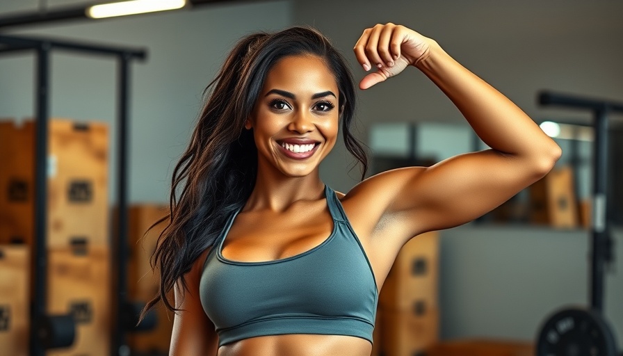 Woman showing fitness in gym, smiling and flexing arm