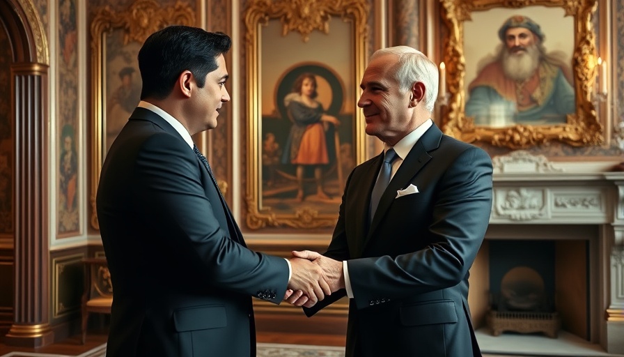 Formal meeting between two men in elegant setting.