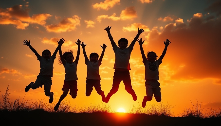 Children silhouetted against sunset sky, joyful celebration.