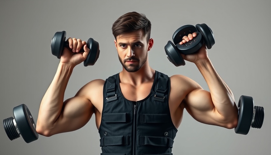 Man in weighted vest lifting dumbbells for training.