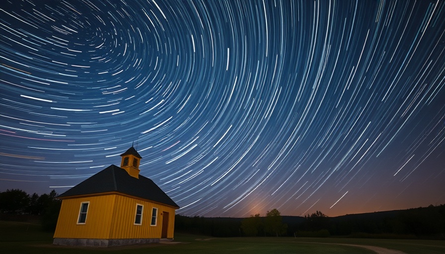 Lyrid meteor shower observation above a yellow chapel with star trails.