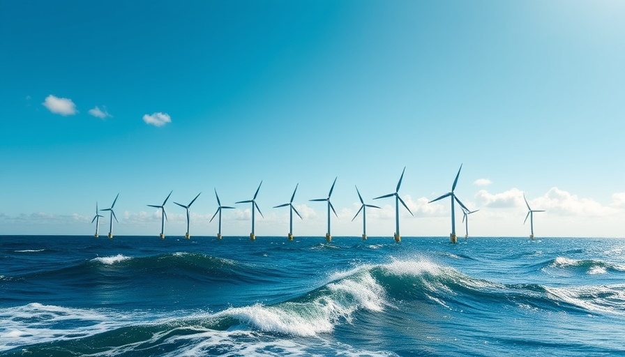 Offshore wind farm with turbines in sunny ocean, New York offshore wind project.