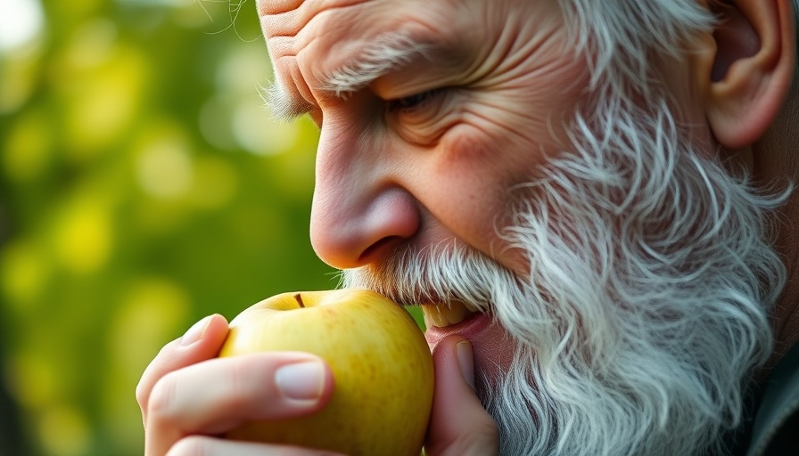 Close-up of older man eating a green apple to boost fruit intake.