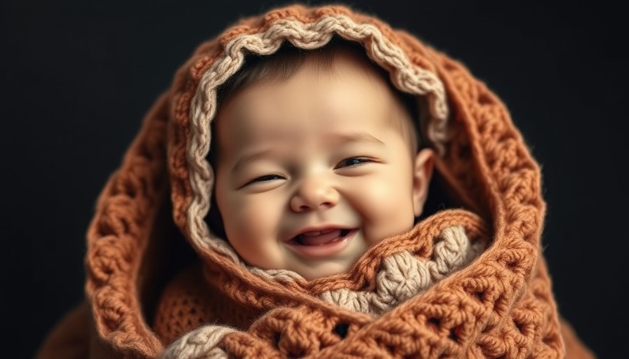Smiling baby portrait in a crochet blanket related to adoptees' citizenship status.