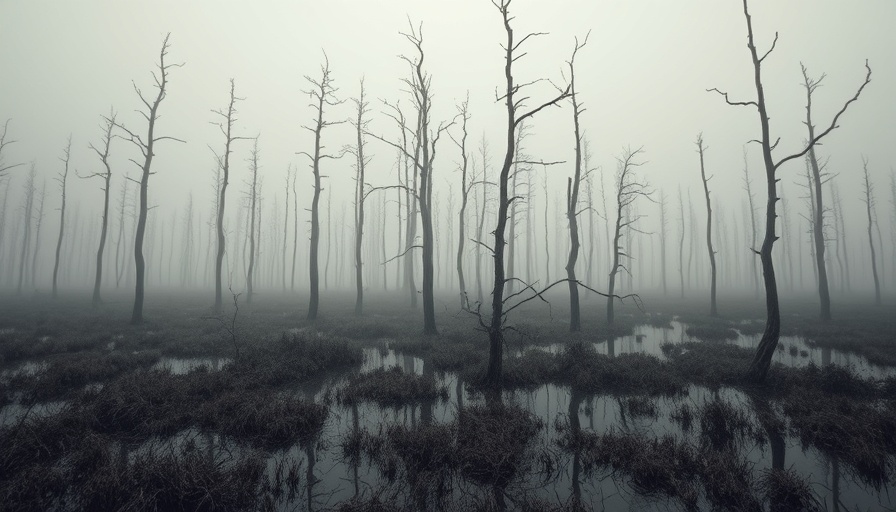 Eerie ghost forest with dead trees in waterlogged marshland, sea levels rising.