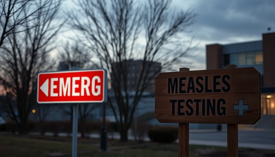 Emergency and measles testing signs outside hospital at dusk.