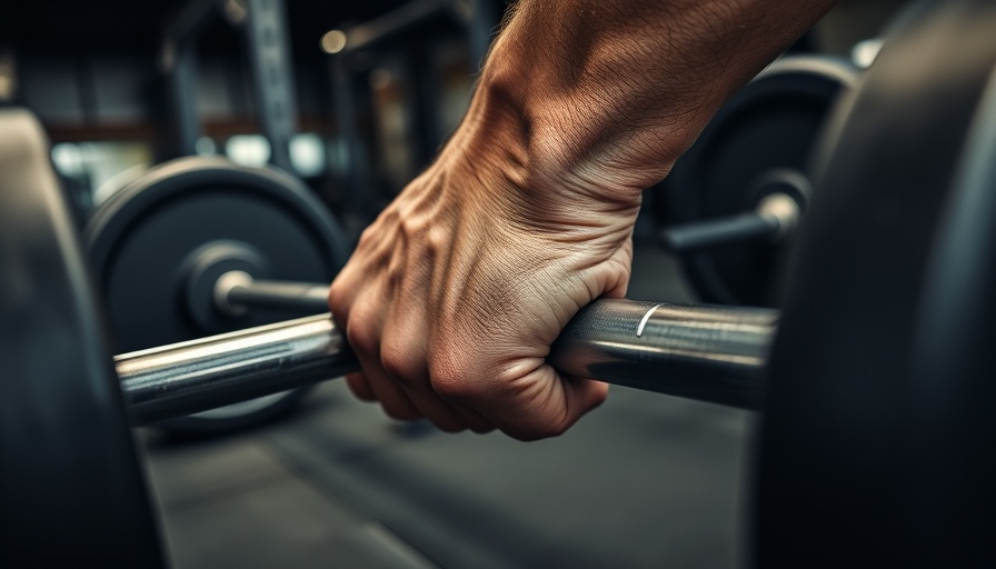 Close-up of arm gripping barbell to improve grip strength.
