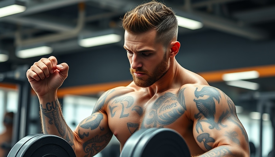 Upper body workout, muscular man lifting weights in gym