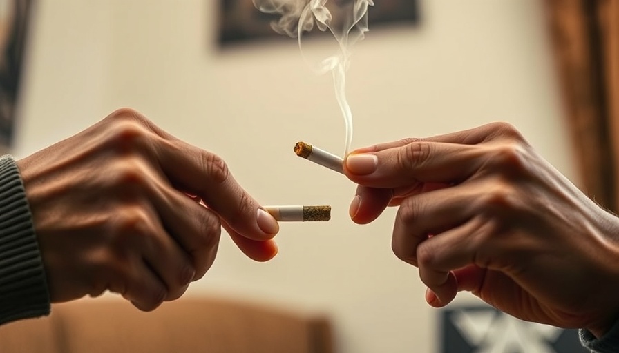 Close-up of hands passing a joint with smoke, cannabis and dementia risk context.
