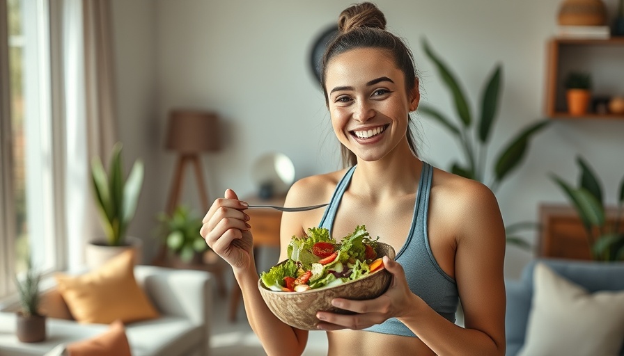 Woman practicing eating skills for fat loss with a smile, holding salad.