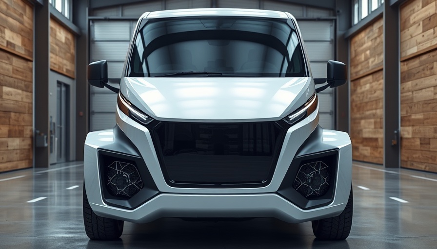 Bare-bones electric truck front view in industrial garage.