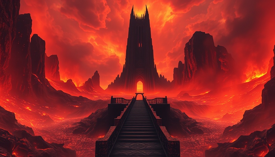 Elder Scrolls IV Oblivion Remastered fiery landscape with dark tower.