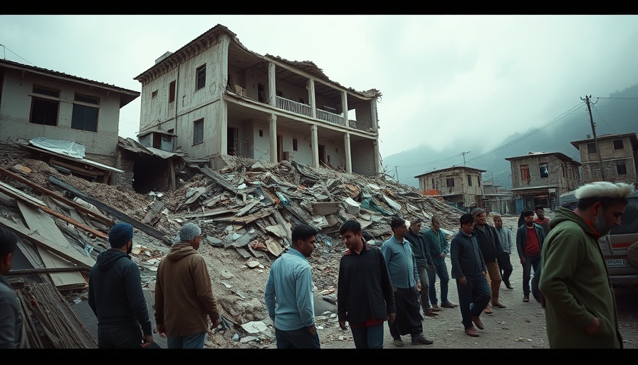 Kashmir Crackdown devastation scene, people amid ruins.