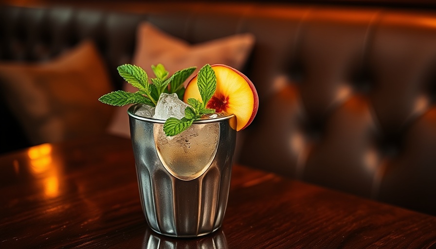 Georgia-twisted julep on a table, mint and peach garnish.