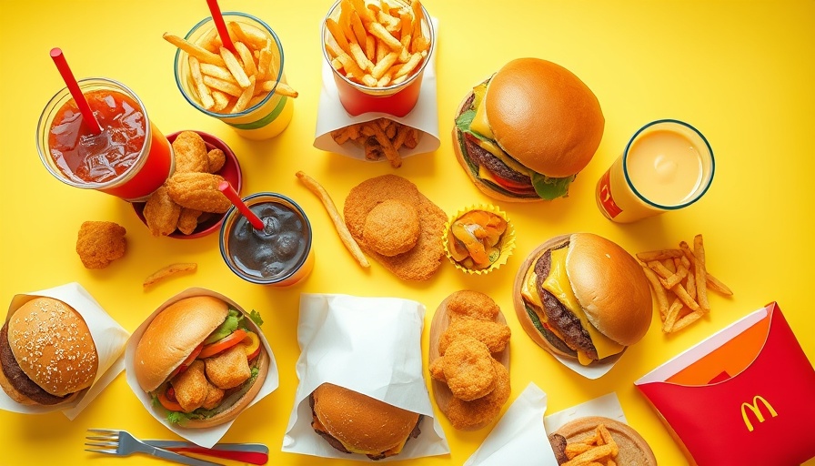 Colorful ultra-processed foods including burgers and fries on yellow.