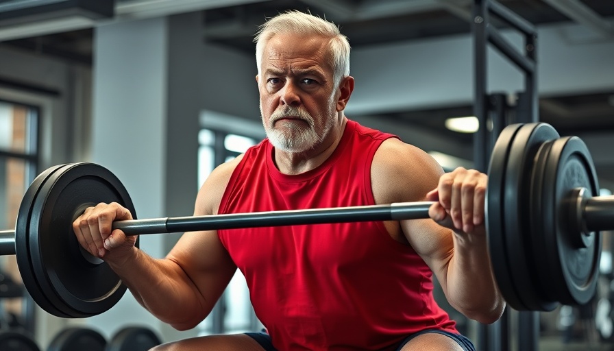 Older male lifter demonstrating strength with squats in a gym