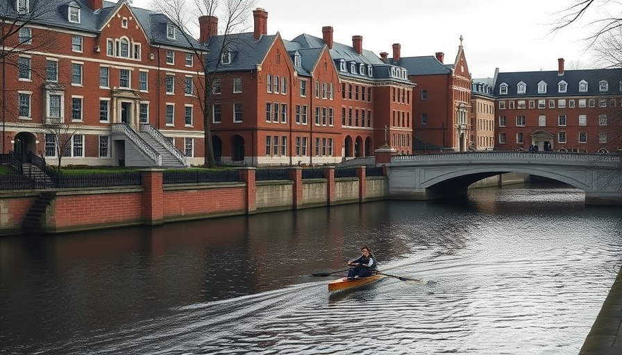 Harvard campus view with rower, highlighting historic buildings.