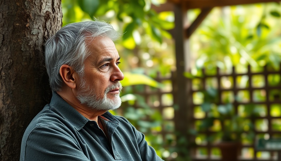 Reflective man in garden contemplating men's personal growth.